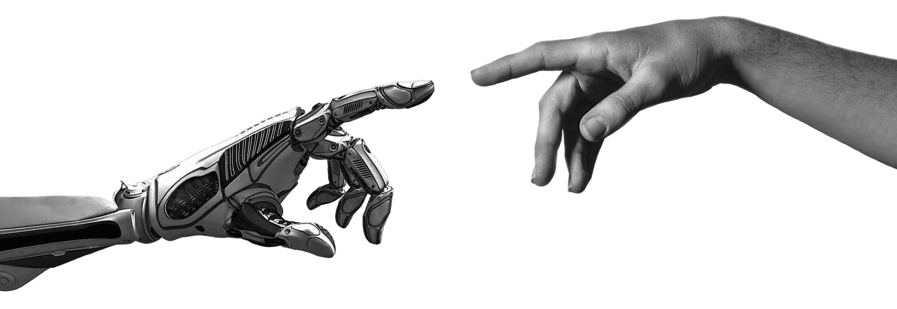 A robotic hand and a human hand reaching toward each other